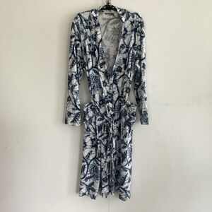 Peruvian Connection Women's LongSleeve Wrap Robe Blue White Floral Pima Cotton L